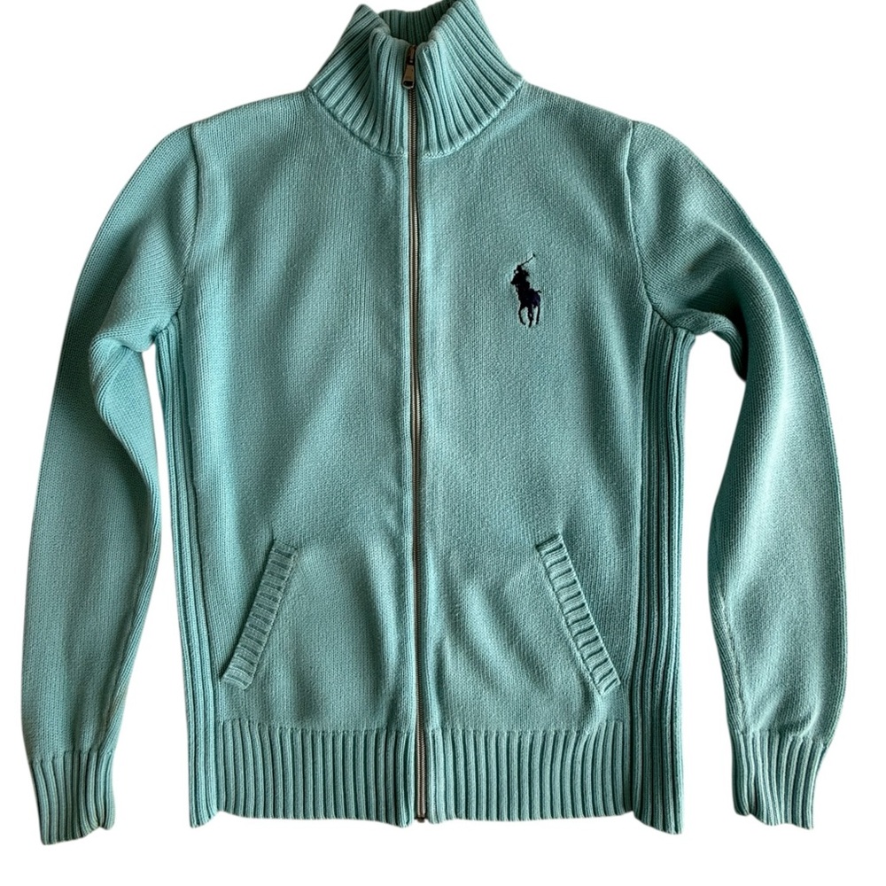 Polo Ralph Lauren Golf W’s Full Zip Sweater Small Aqua sky blue Jacket cotton - Picture 9 of 14
